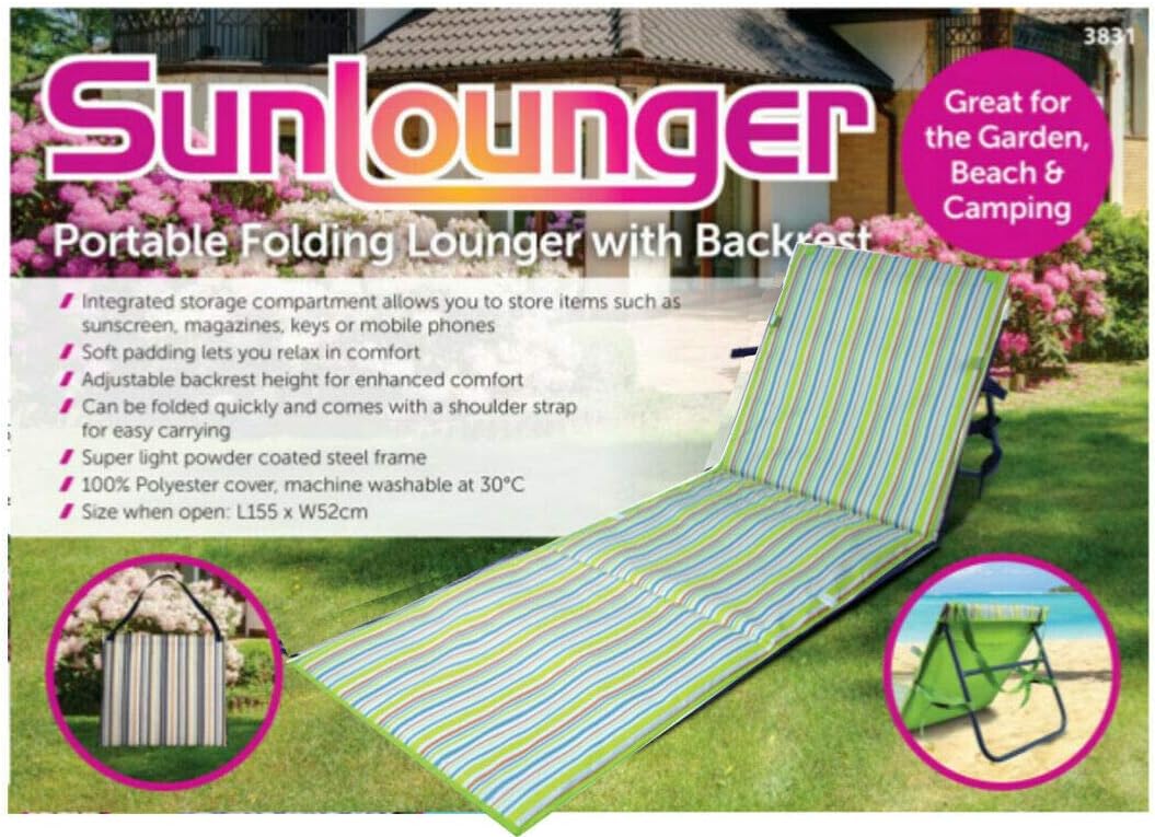 SPECTROLITE ® Portable Beach Mat Green Stripe Folding Sun Lounger Adjustable Deck Chair (green)