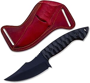 Kelani Handmade Skinner Hunting Knife – 8.5" Full-Tang Blade with Black Powder Coating, Changeable Pakka Wood Handle, Red Leather Sheath – Tactical Cowboy Knife for Men