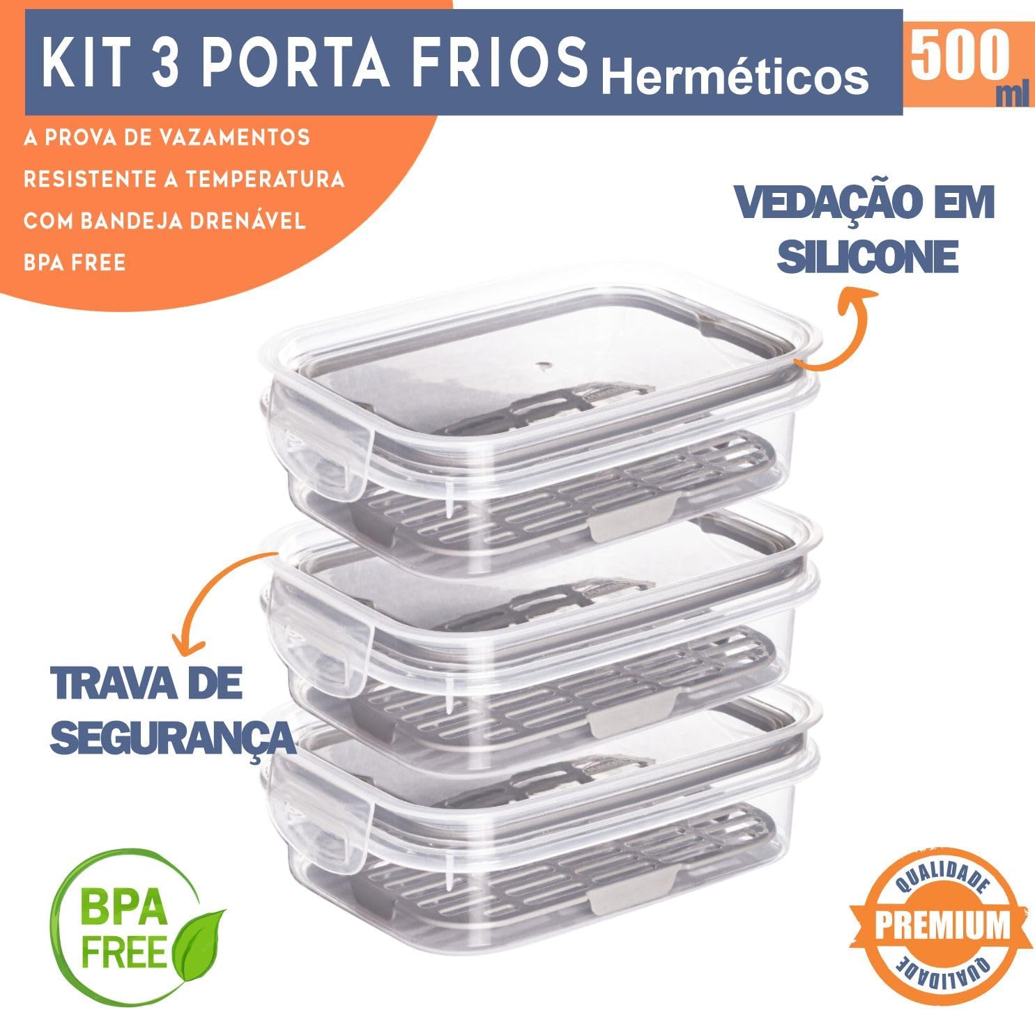 Kit 3 Porta Frios Com Escorredor Plastil 500 ml Pote Hermético Com 2 Travas De Segurança Para Transporte De Alimentos Perfeito Para Frios E Petiscos E Com Anel de Vedação Material BPA Free Kit 3 Porta Frios Com Escorredor Plastil 500 ml Pote Hermético Com 2 Travas De Segurança Para Transporte De Alimentos Perfeito Para Frios E Petiscos E Com Anel de Vedação Material BPA Free