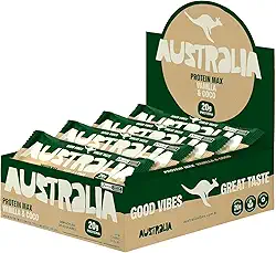 Australia Protein Max Vanilla & Coconut 70g, Barra de Proteína, Sem Glúten, Lactose e Açúcar Adicionado, Snack Saudável Plant-Based (12 unidades)