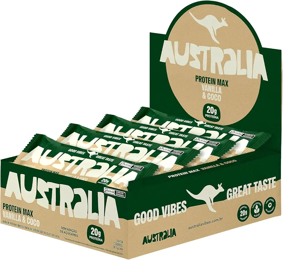 Australia Protein Max Vanilla & Coconut 70g, Barra de Proteína, Sem Glúten, Lactose e Açúcar Adicionado, Snack Saudável Plant-Based (12 unidades)