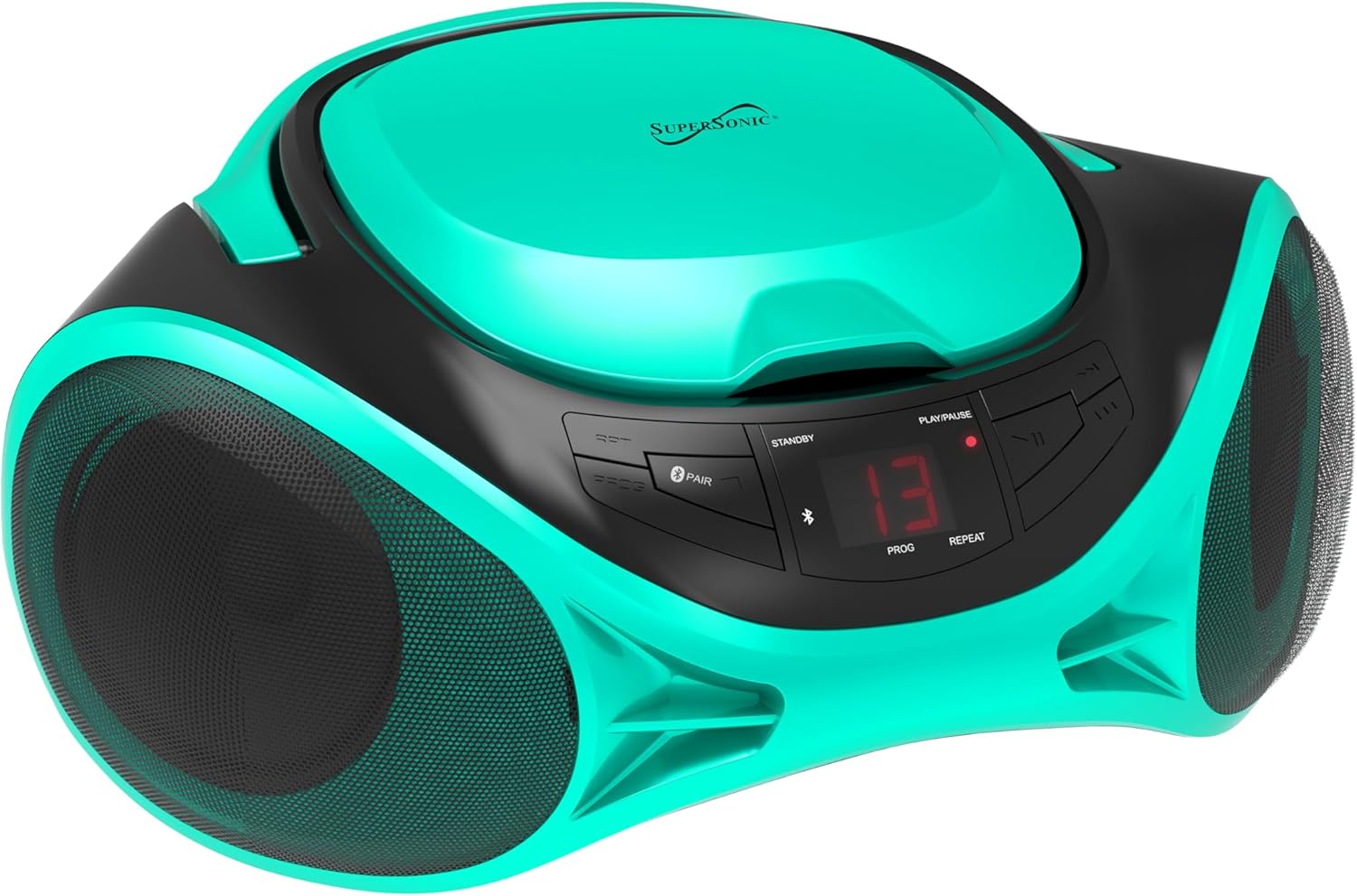 Supersonic SC-726BT Portable AM/FM Radio Top-Loading CD Player with Bluetooth, LED Track Display, Aux Input, Carry Handle, Built-in Speaker, Programmable Memory, Repeat Modes, AC/DC (Teal)