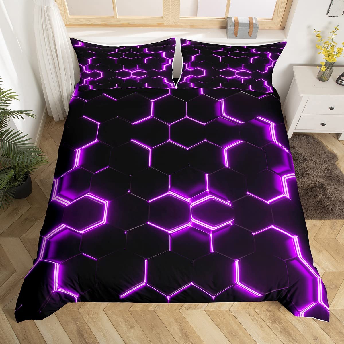 Boys Honeycomb Bedding Set for Kids Men Girls Modern Hexagon Theme Comforter Cover Purple Neon Decor Duvet Grid Art Bedspread Bedroom Collection 3Pcs Super King - Image 2