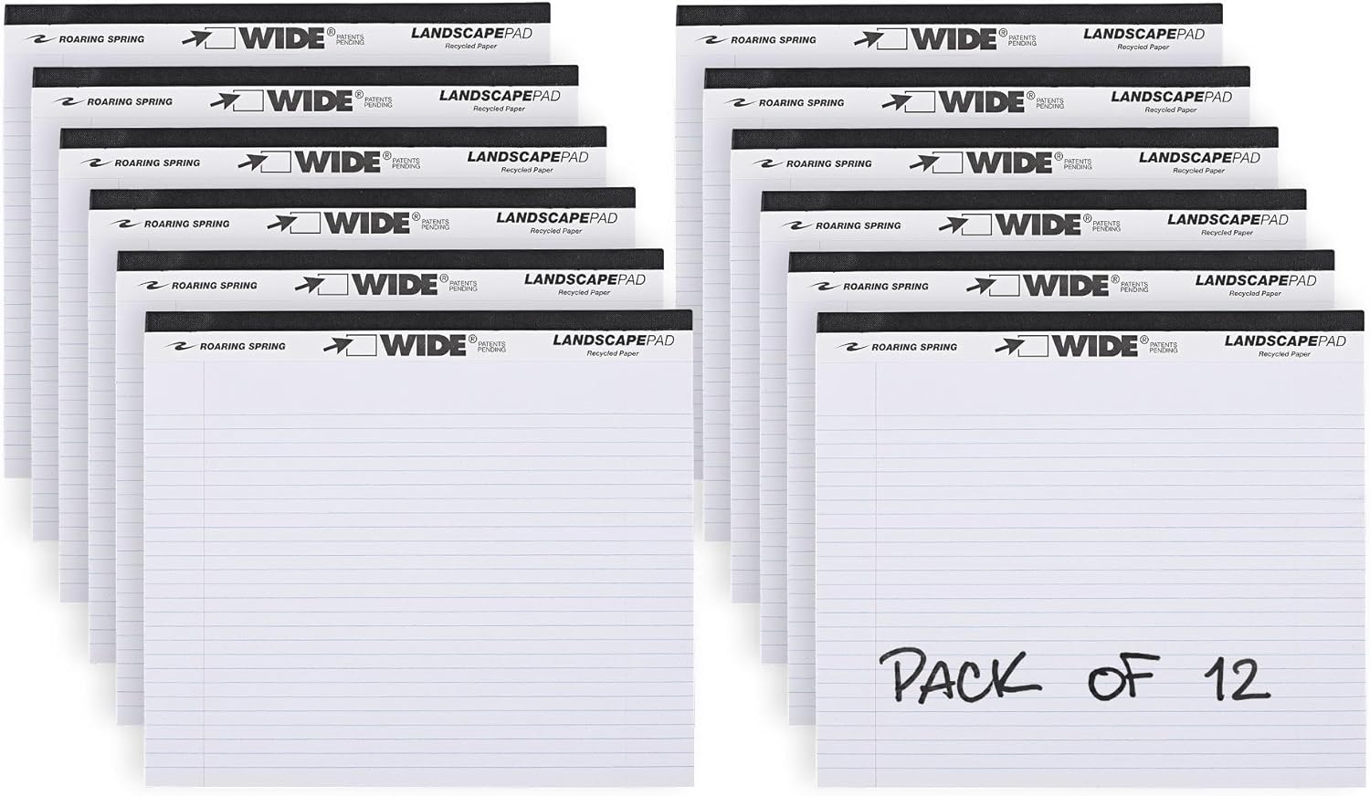 ROARING SPRING Wide Landscape Legal Pad, White, 12 Pads, 11" x 9.5", College-Ruled with Margin, 20 lb Recycled Paper, 40 Perforated Sheets, Made in USA