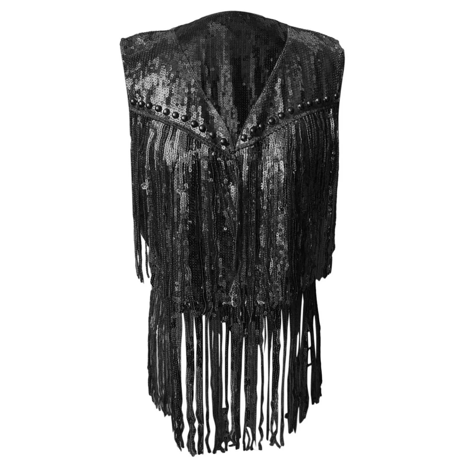 Top con Frange Paillettes Donna Gilet Cappotto Moda Solido Frange Casual Nappe Top Festa Abbigliamento Capispalla