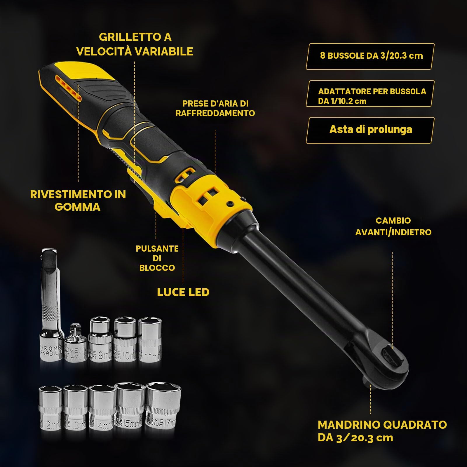 Chiave a cricchetto senza fili estesa da 3/8" per batterie Dewalt da 18V 20V, testa estesa da (6 pollici) 16cm, 80N.m, 320RPM set di chiavi a cricchetto elettriche con luce LED integrata e 8 bussole