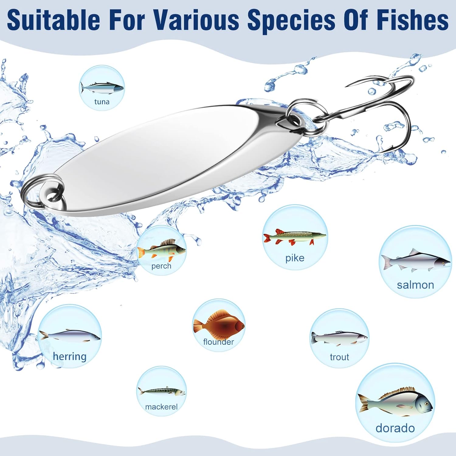 Fishing Lures Fishing Spoons Saltwater Treble Hooks Lures Hard Metal Spinner Baits 5 Sizes Casting Spoon Lures for Salmon Bass in 1/5 oz 1/4 oz 3/8 oz 1/2 oz 3/4 oz(Silver, 20 Pieces)