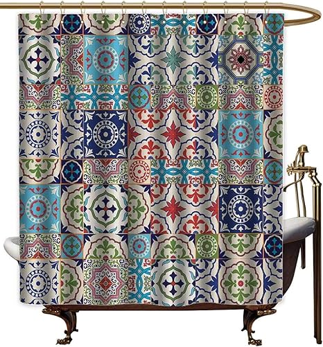 Amazon Timbeve モロッコ風シャワーカーテン モロッコ風 パッチワークパターン カラフルなモロッコタイル 伝統的なイラスト ネイビーブルー ダークオレンジ プリントポリエステル生地 バスルーム装飾セット 54 X72 W140cmxl185cm シャワーカーテン ホーム キッチン
