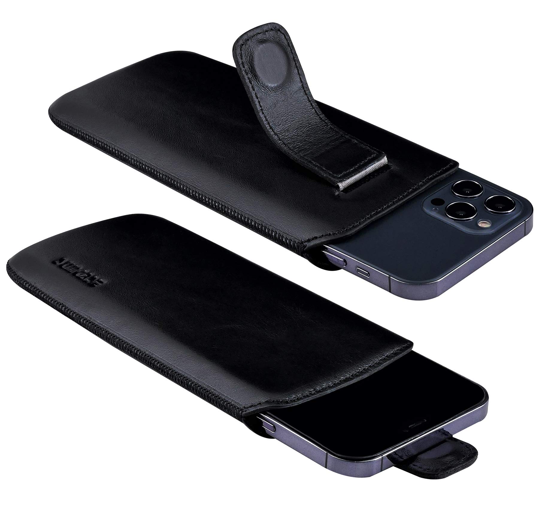 Suncase ECHT Ledertasche Leder Etui Hülle *Slim-Edition* kompatibel mit iPhone 17 Pro, (mit Rückzugsfunktion und Magnetverschluss) in schwarz