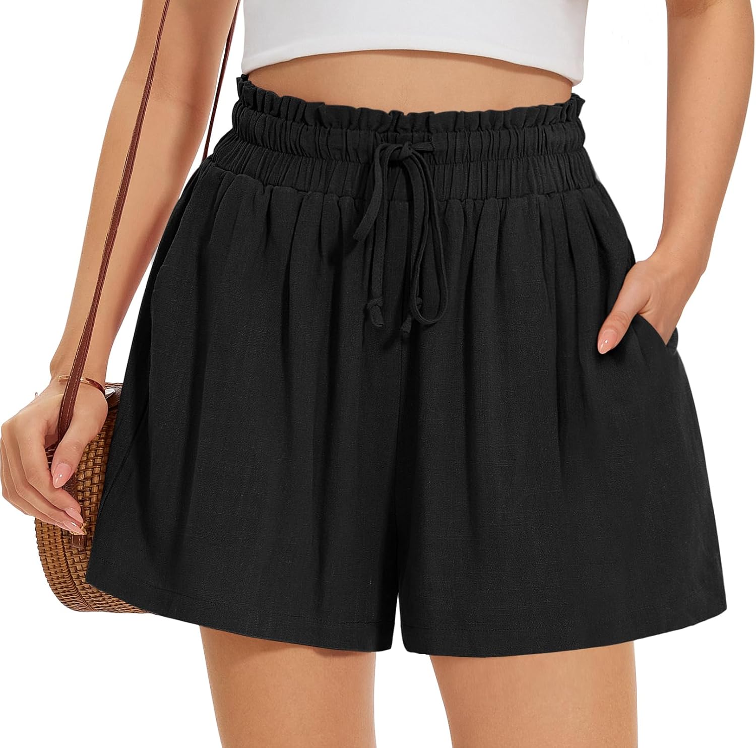UEU Womens Summer Linen Shorts Casual High Waisted Wide Leg Drawstring Beach Short with Pockets- 3" Inseam (Black, M)