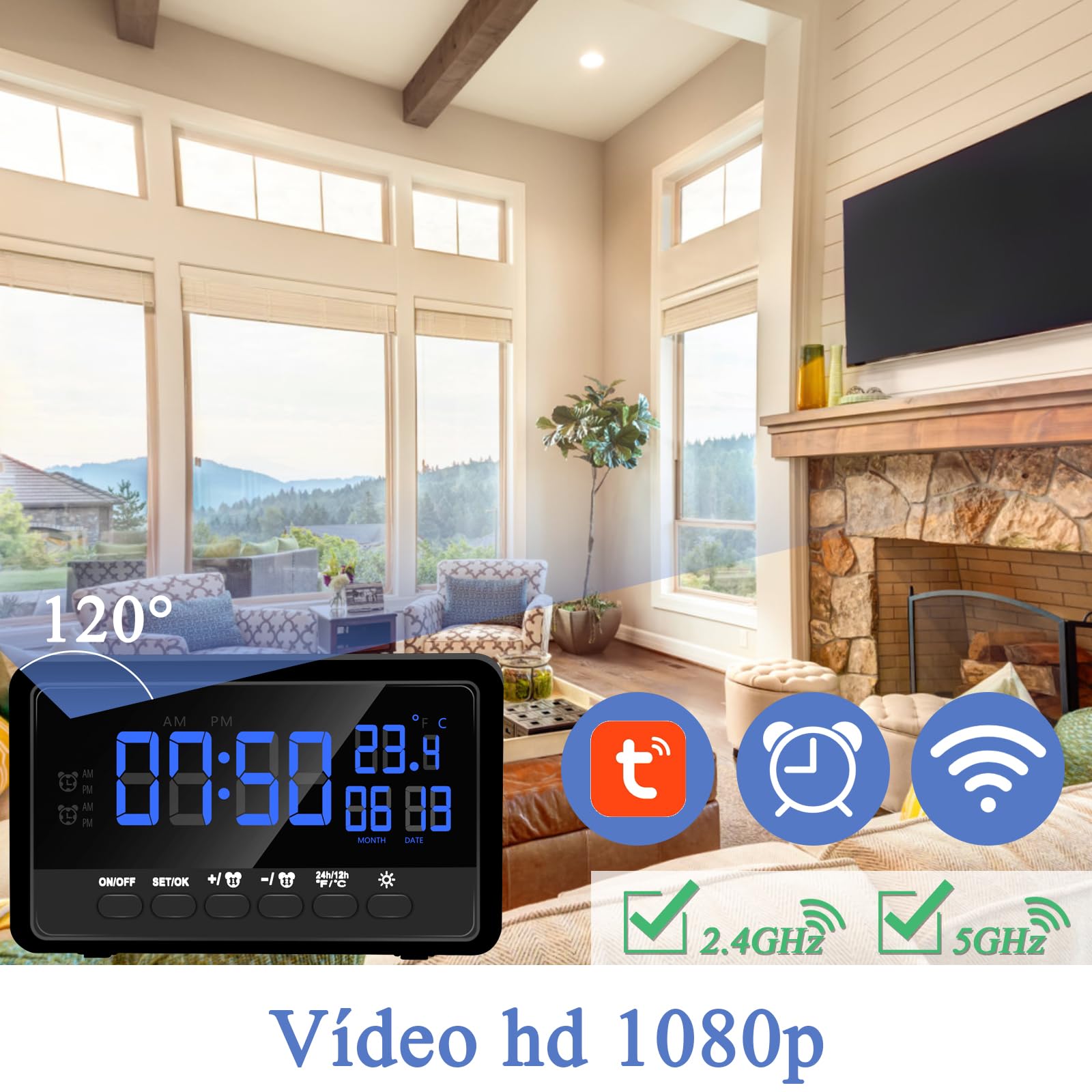 Reloj WiFi Cámara Oculta 1080P WiFi Espía Cámara con Función de Despertador, 2.4/5Ghz Mini Wificámara Espía Compatible con Visión Nocturna y Detección de Movimiento, App Vigilancia Remota