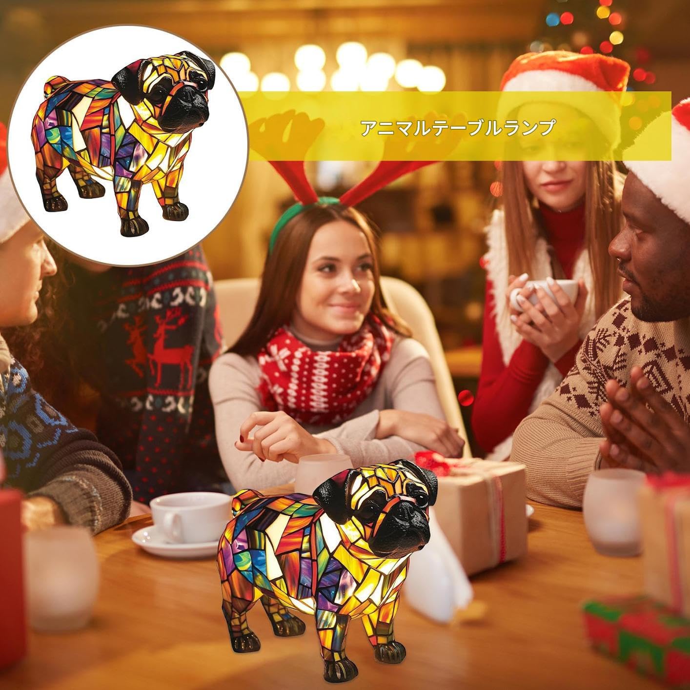 ステンドグラスブロンズ製女性と犬の彫刻ランプ