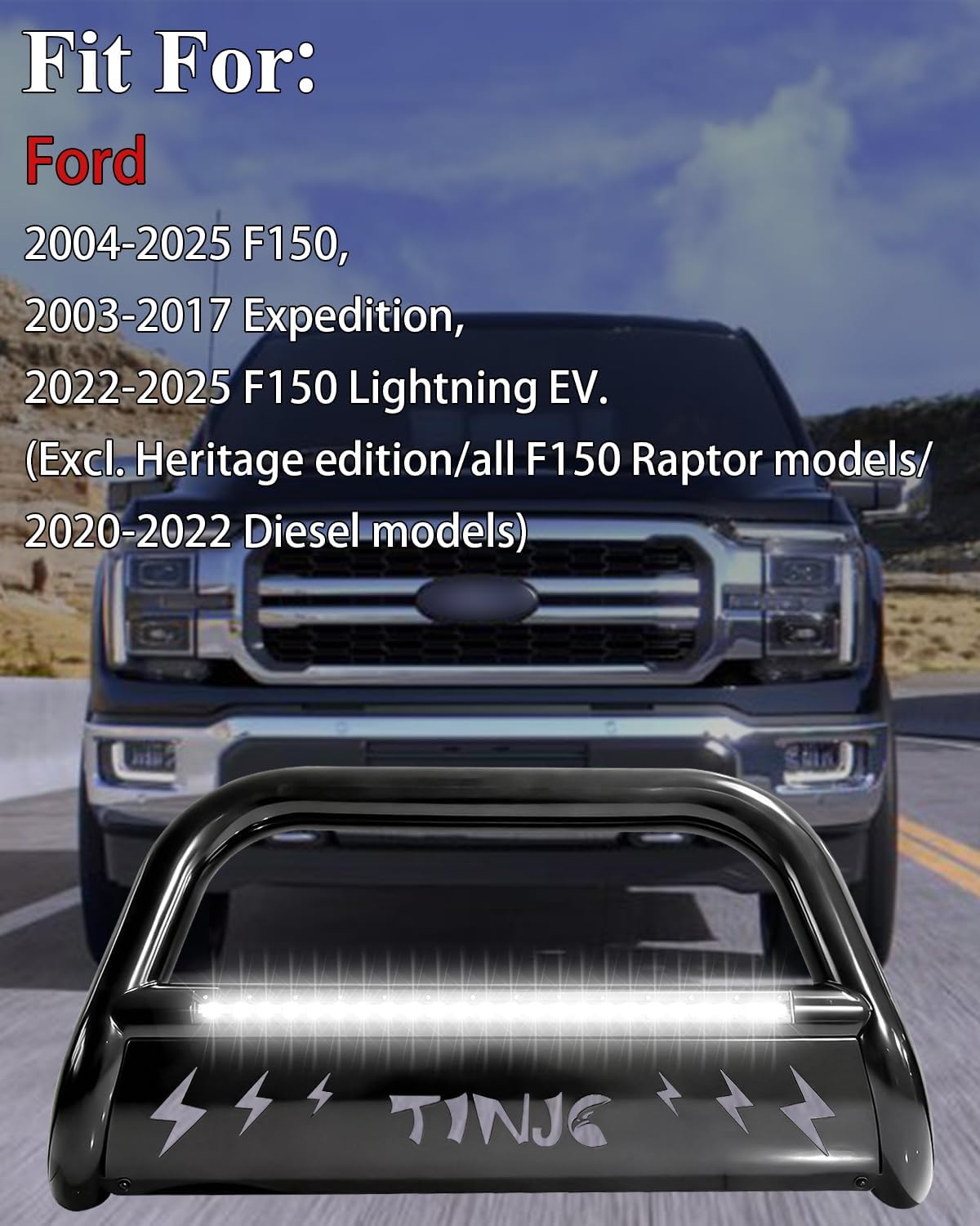 Bull Bar Front Bumper Grille Guard Replacement for 2004-2025 Ford F150, 2003-2017 Ford Expedition, 2022-2025 Ford F150 Lightning EV with Led Light Bar, 3" Bull Bar Grille Carbon Steel with Skid Plate