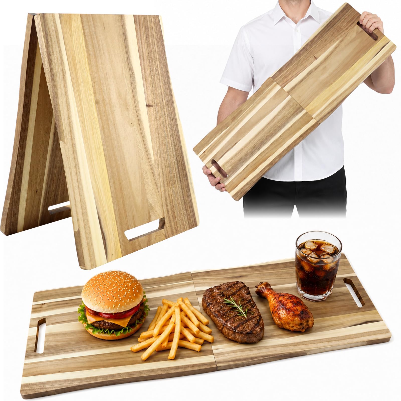 Large Acacia Wood Charcuterie Board, Foldable Serving Board, 84 x 30.5 cm