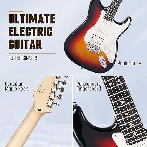 Miniatura 3 de Auriga Guitarra eléctrica de 39 pulgadas (Brown-Sunburst), kit de guitarra para principiantes de 6 cuerdas con bolsa de concierto, barra de trémolo,