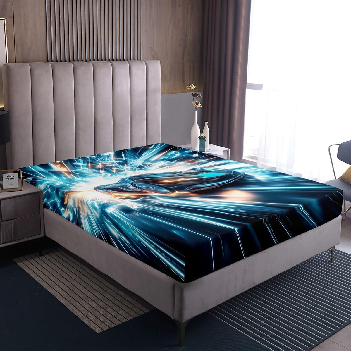 Erosebridal Toddler Boys Race Car Queen Size Bed Sheets,Extreme Sports Gaming Themed Sheets with Aqua Teal Gradient Stripes & Black,Cool Speed Carro Racing Car Kids Room Decor Bed Set for Kids Teen