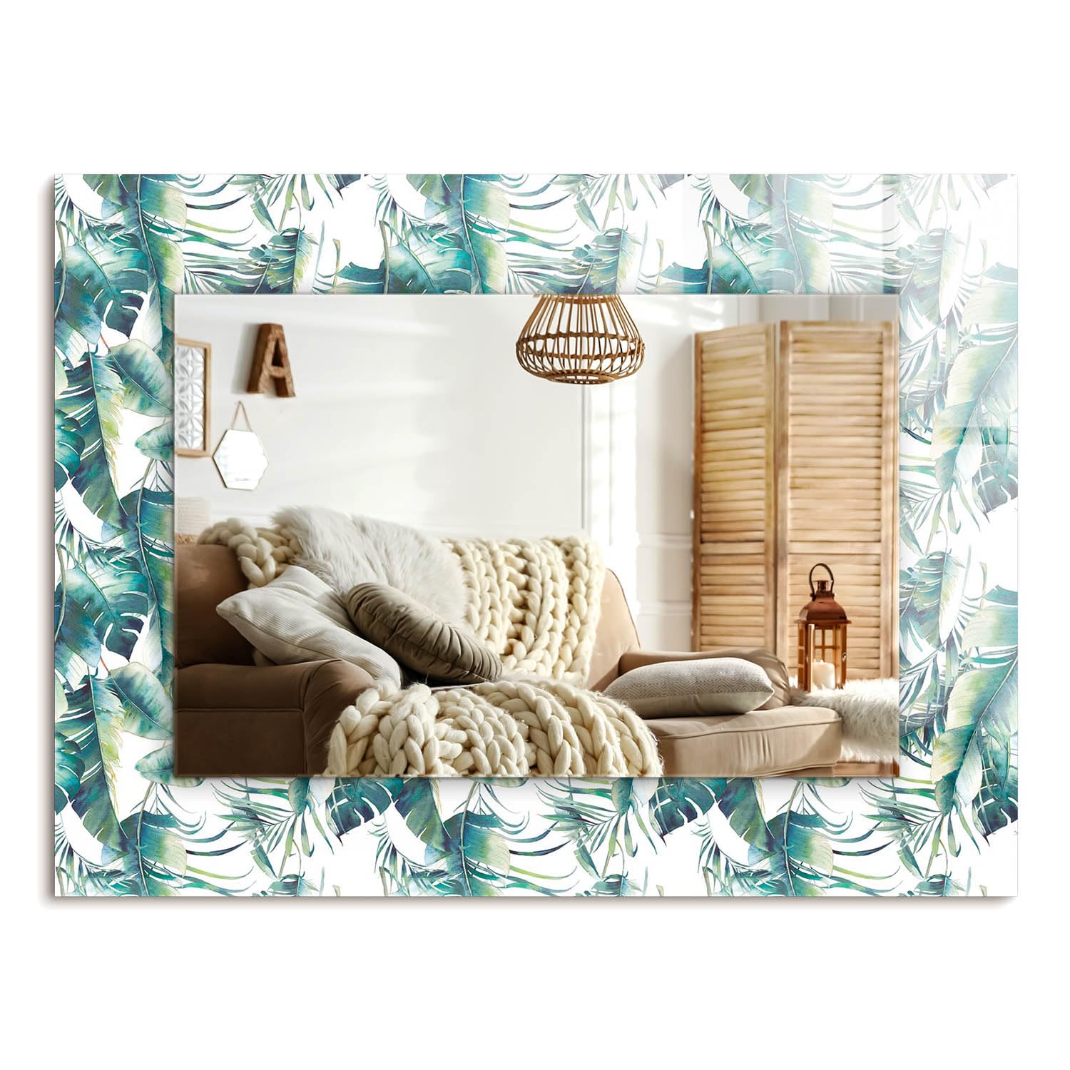 Miroir rectangulaire minimaliste 80x60 cm imprimé de feuilles tropicales et design sans cadre