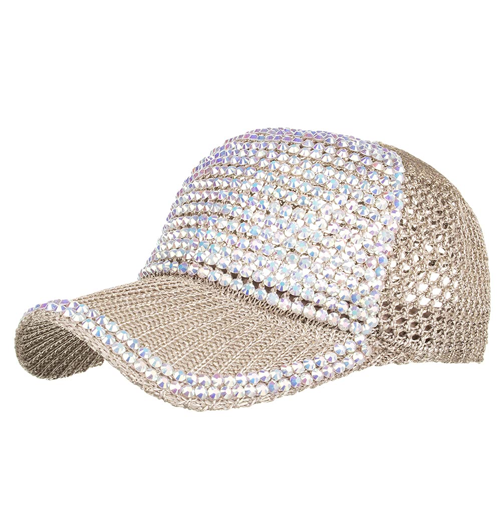 Gorra de béisbol de malla ajustable con cristales de diamantes de imitación y tachuelas, para mujeres y hombres, gorra deportiva informal brillante y transpirable, B- Caqui, 7 - 7 1/2