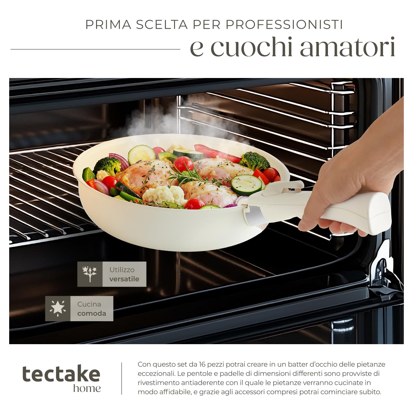 tectake®, Set di pentole 16 pezzi, set pentole induzione anche per piani a gas, elettrici, rivestimento antiaderente in ceramica, manici removibili - 2 Padelle, 2 Pentola, Pot, 4 Coperchi - Bianco