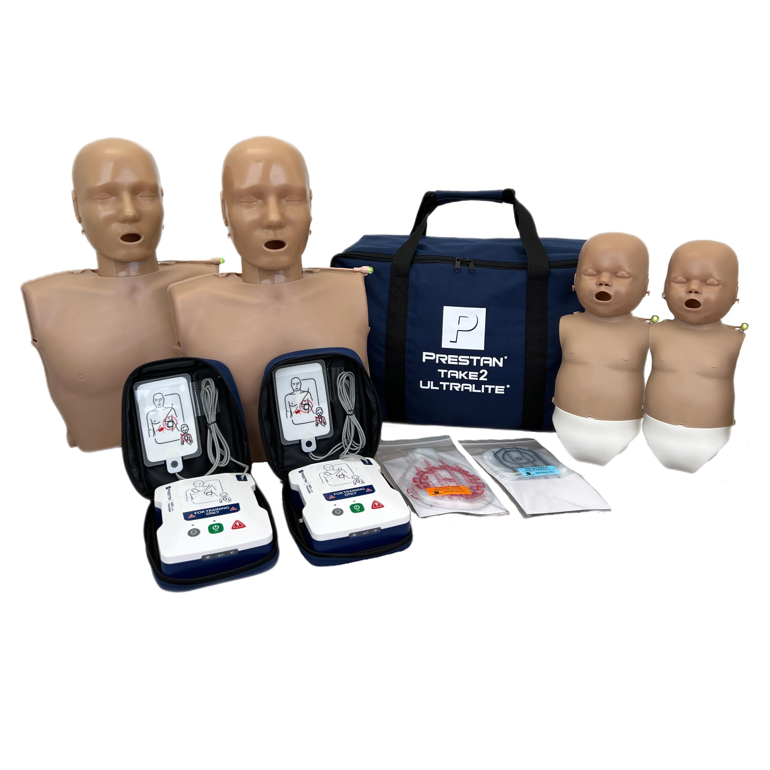 Prestan Take2 Ultralite Kit w/CPR Feedback (Dark Tone); Containers (2) Adult Ultralite Manikins, (2) Infant Ultralite Manikins, and (2) AED UltraTrainers