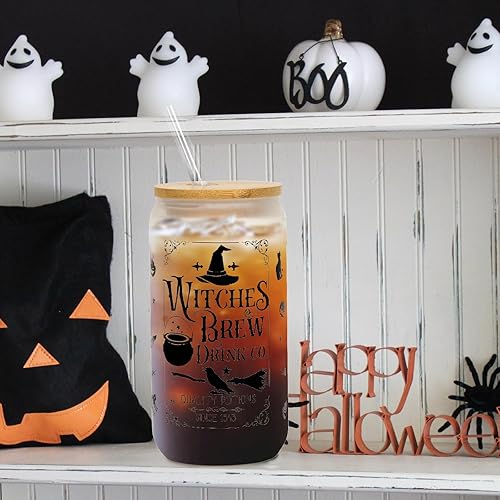 Miniatura 5 de Taza de vidrio de Halloween, vaso de 18 onzas para café helado de bruja esmerilada con tapa y pajita, vaso de cerveza de bruja, decoración de