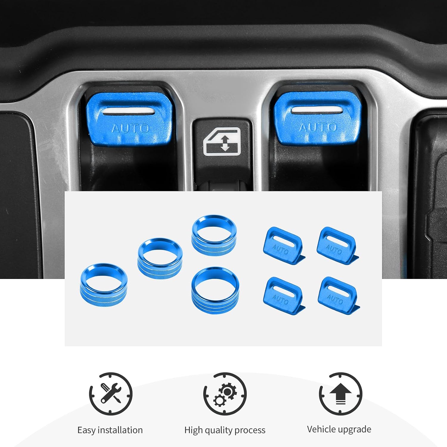 CheroCar Window Switch Button Cover Headlight Switch Knob Cover Volume Radio Air Conditioner Cover Fit for Jeep Wrangler JL JLU Gladiator JT 2018-2025,Aluminum Alloy Interior Accessories,Blue image 5