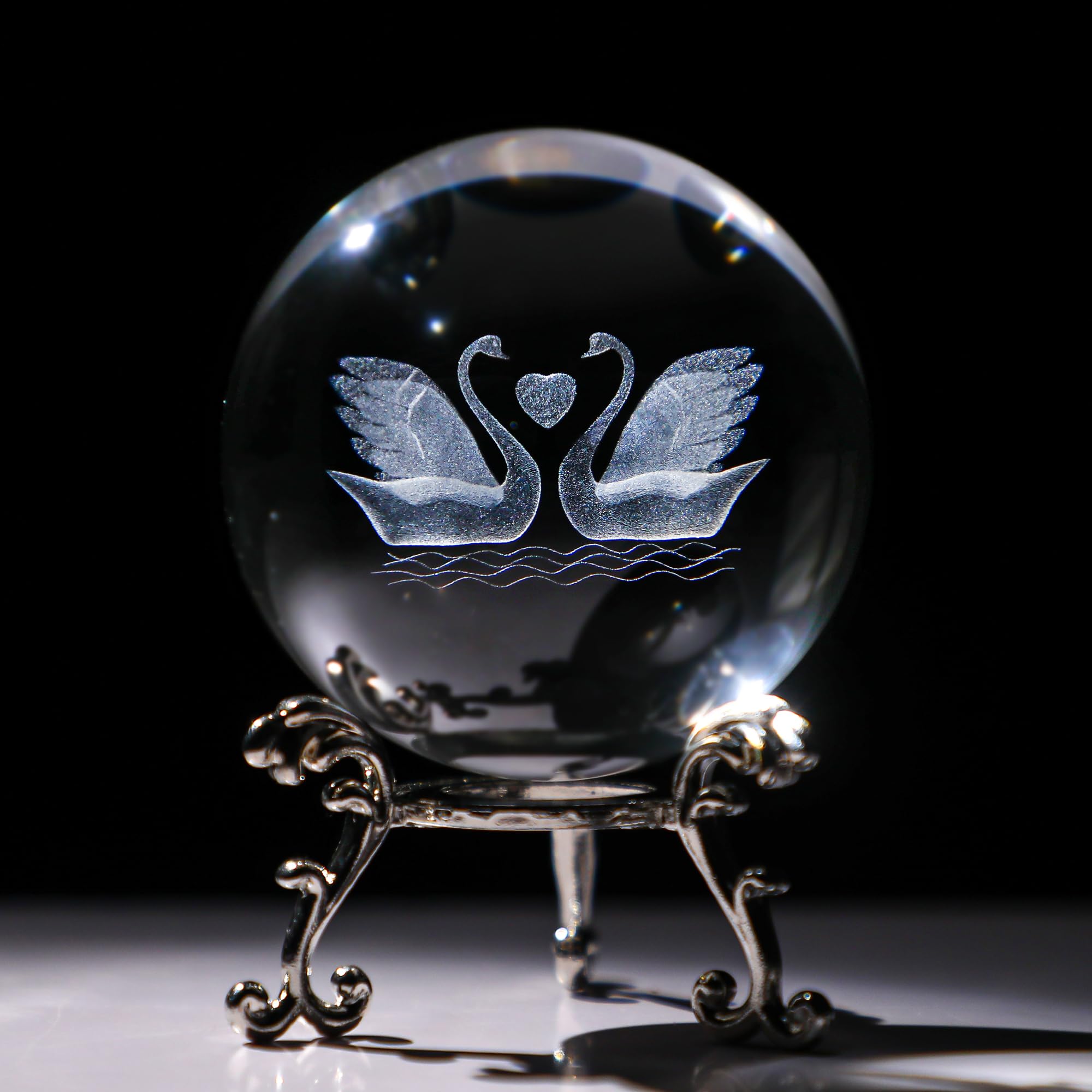 HDCRYSTALGIFTS 3D Engraving Crystal Double Swan Figurine With Love Heart Sphere 60Mm(2.3Inch) Crystal Ball Paperweight With Stand Base For Girls Or Women