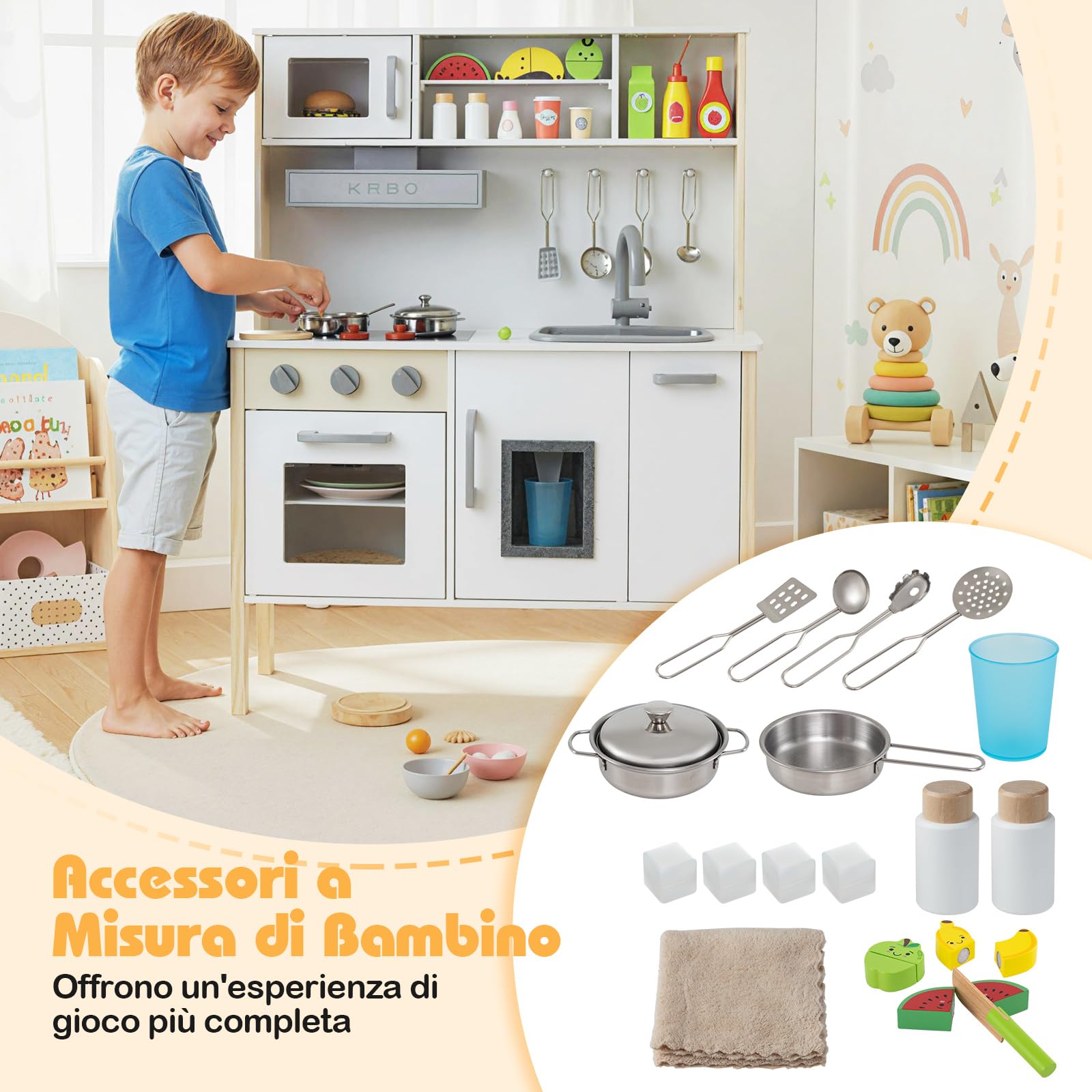 GYMAX Cucina Giocattolo per Bambini, Set da Cucina in Legno Imitazione con Lavello Rimovibile, Cappa da Cucina e Fabbricatore di Ghiaccio, 18 Accessori Completi, per Bambini da 3 a 6 Anni (Bianco)