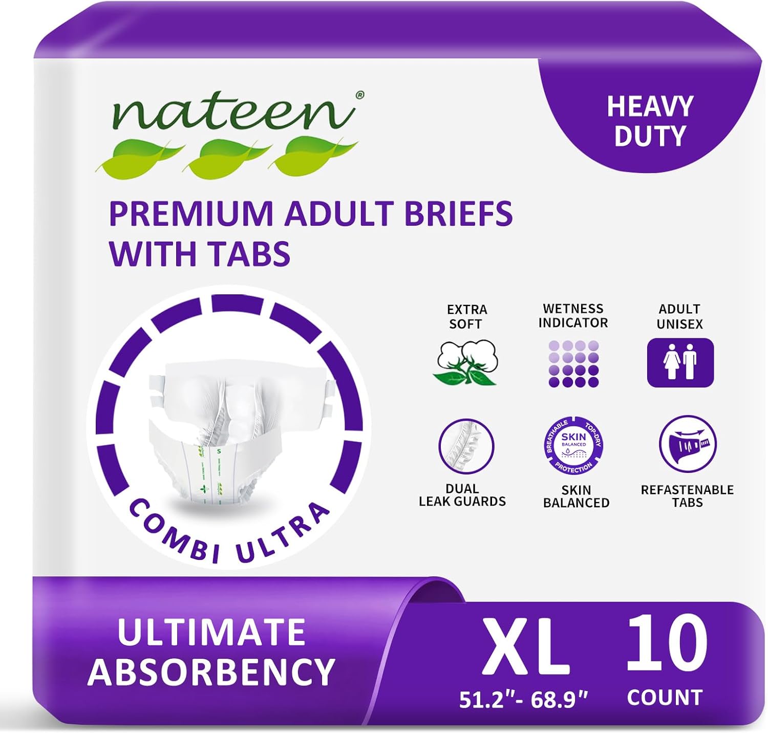 Nateen Combi Ultra Adult Diapers with Tabs for Men & Women,Ultimate Absorbency Incontinence Briefs,Overnight Protection,Disposable Bariatric Adult Underwear for Heavy Bladder Leaks.Extra-Large,10Count