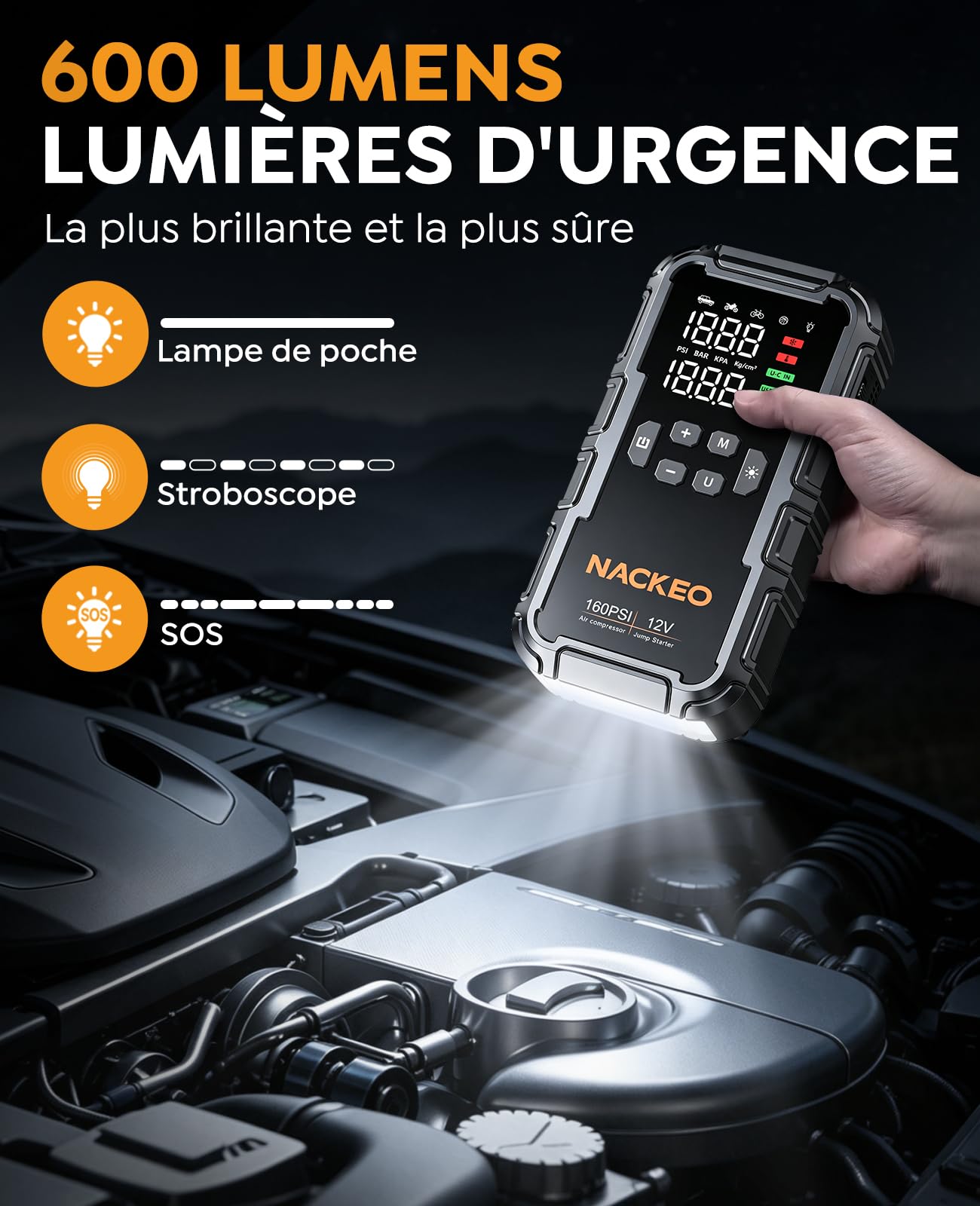 Booster Batterie Voiture 8000A avec Compresseur 160PSI, 12V Booster Voiture Portable (Essence & Diesel 12L), Démarreur Batterie Voiture avec Lampe 600LM, Câbles de Démarrage, Grand écran LCD