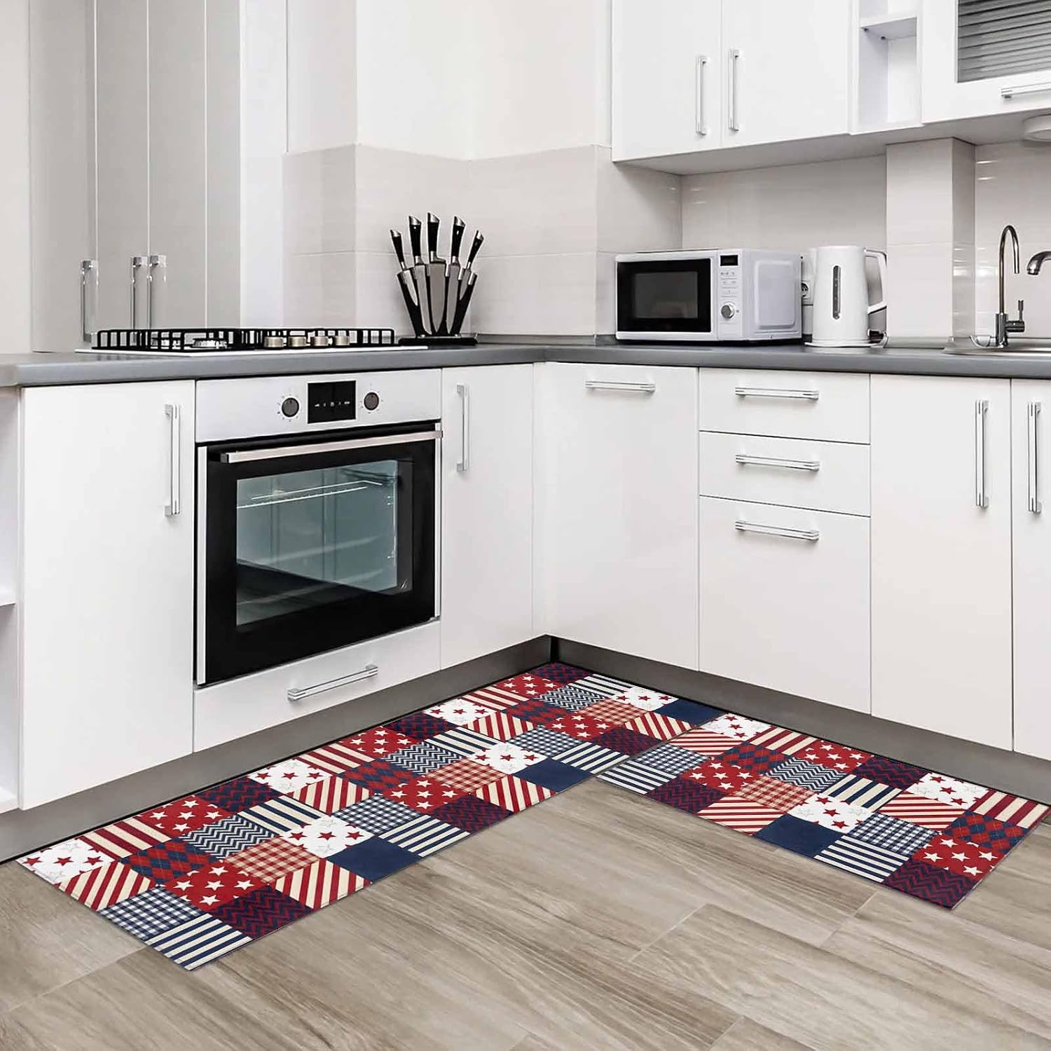 Kitchen Mats for Floor 250th Anniversary Patriotic Patchwork Washable Non Slip Kitchen Rugs 2PCS, Red White Blue Plaid Absorbent Standing Mats for Sink Office Living Room 15.7x23.6in+15.7x47.2in