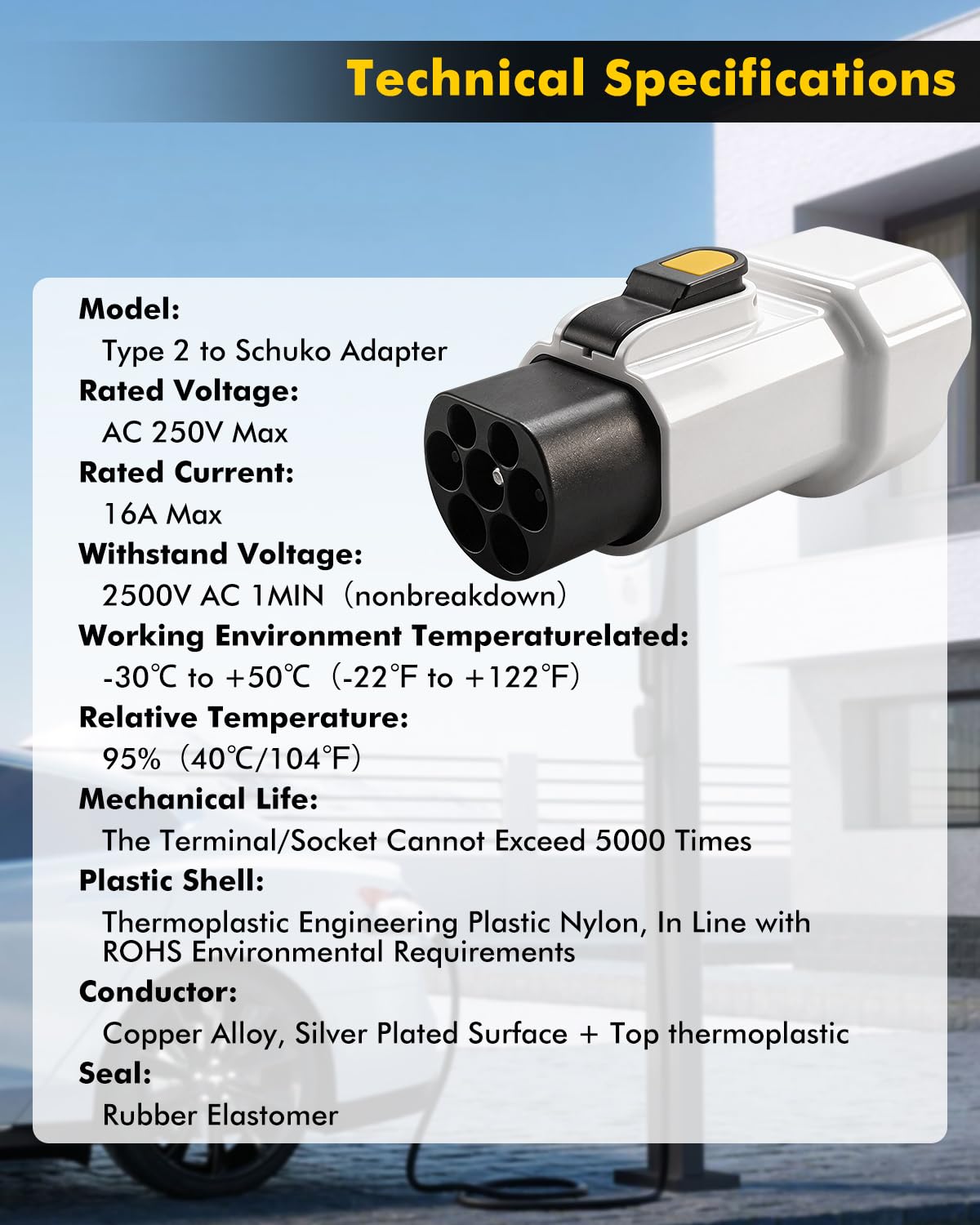 Erato Adattatore Tipo 2 a Schuko 220 V-250 V 16 A IEC-62196 Adattatore Stazione di Ricarica per Auto elettriche Scooter Elettrico Bicicletta Moto Bici elettrica, Bianco
