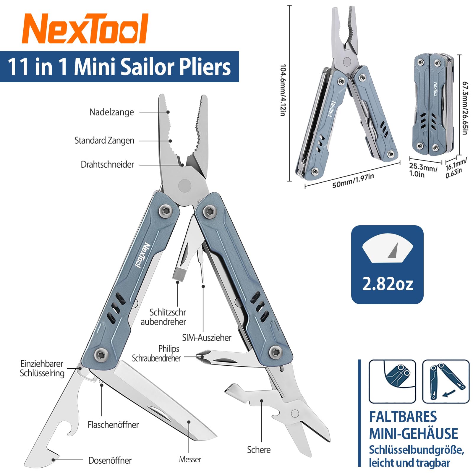 NexTool Multitool Mini Sailor S11, kompaktowe narzędzie wielofunkcyjne 11 w 1 ze szczypcami o cienkich końcówkach, nożyczkami, ekstraktorem kart SIM i śrubokrętem do EDC, wędkarstwa, biwakowania