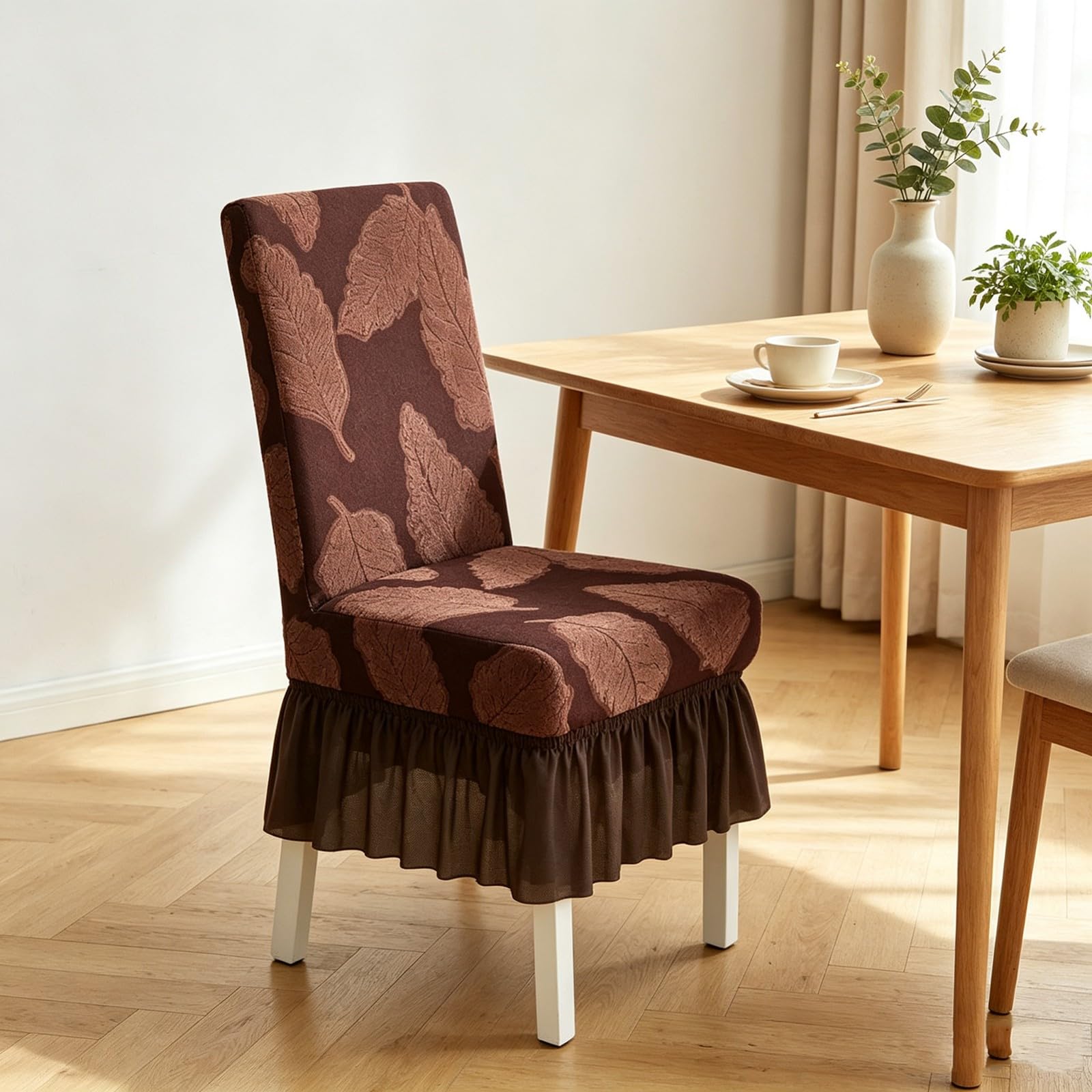Esszimmer Stuhlhussen mit Rock,Stuhlhussen für Esszimmerstühle 2/4/6er-Set | Dehnbare Waschbar Stuhlbezug,Kratzfest und Katzenkratzfest(Beige,6Pcs)