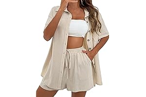 QIBABU Women Beach Vacation Linen Shorts Sets 2 Piece Summer Short Sleeve Top and Shorts