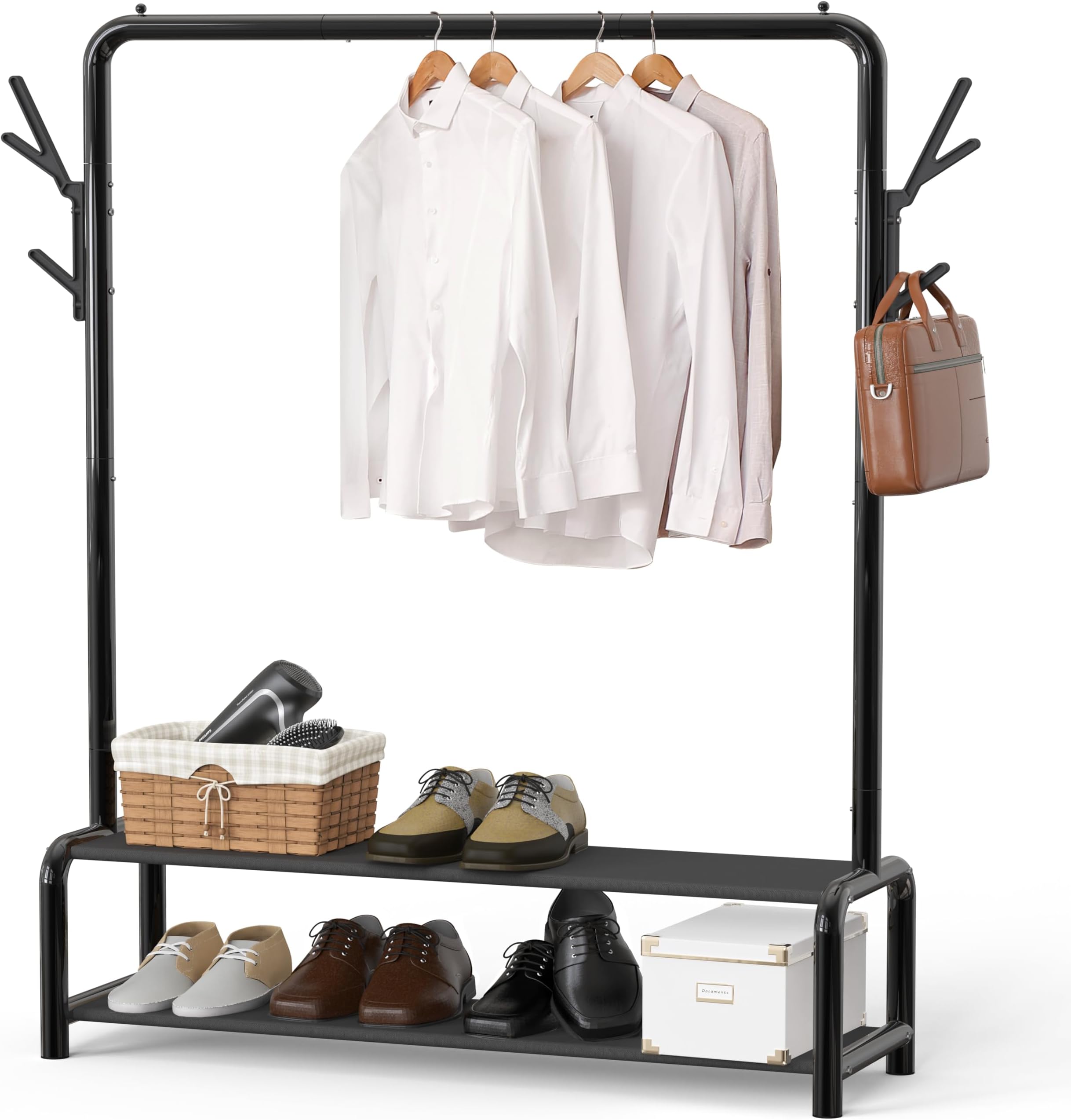 Simple Houseware Garment Rack with Storage Shelves and Coat/Hat Hanging Hooks