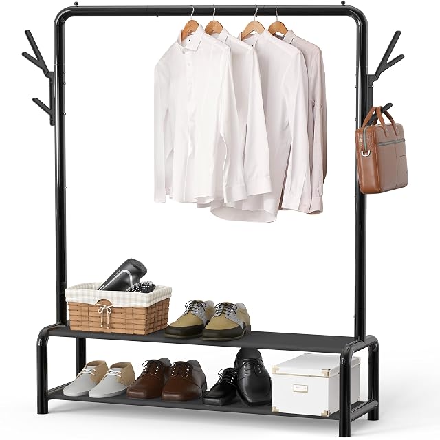 Simple Houseware 52-Inch Freestanding Closet Garment Rack with Storage Shelves and Coat Hat Hooks Black