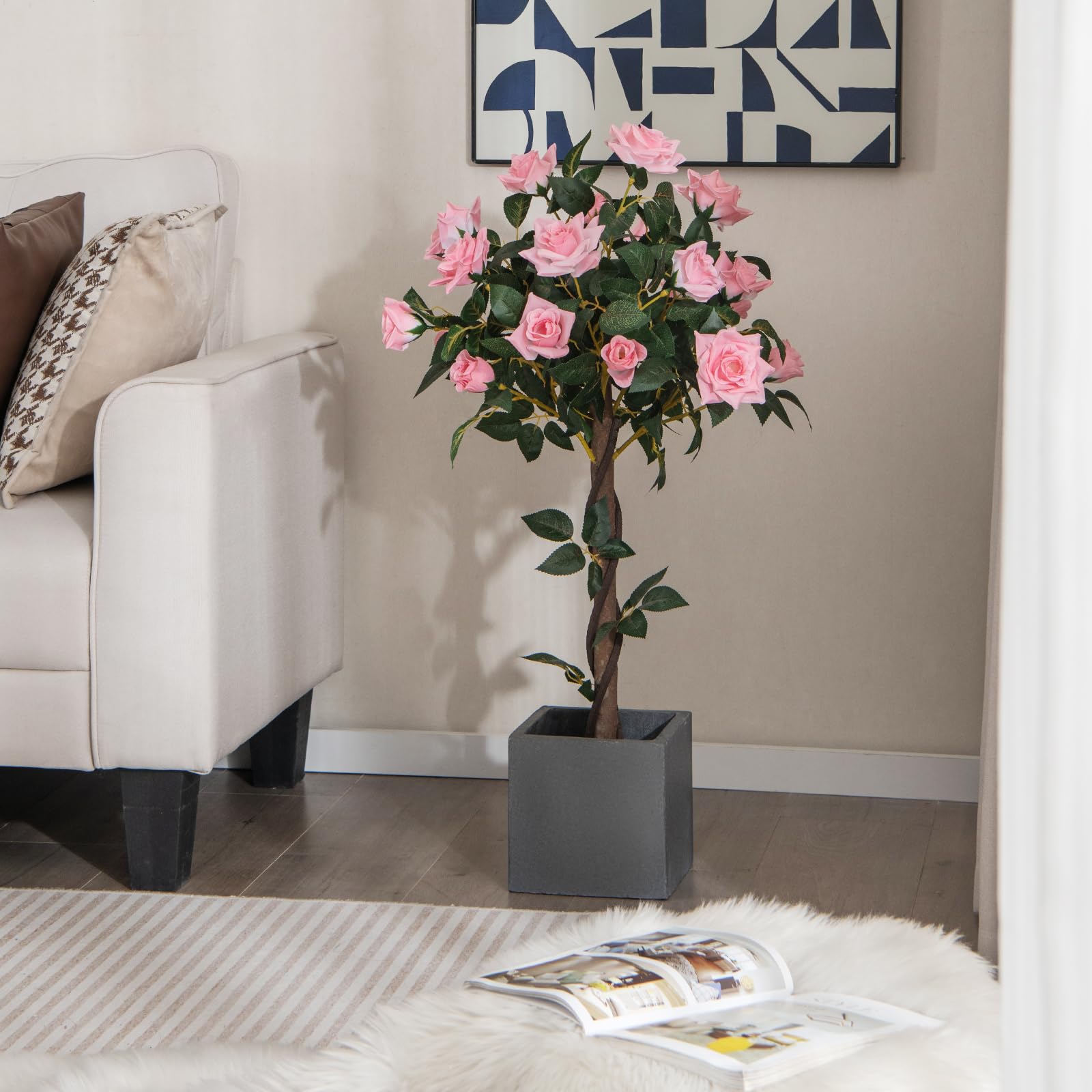 COSTWAY Albero Artificiale con Fiori, Albero di Fiori Finti da 93 CM con Rose, Vaso, Tronco in Legno Reale, Senza Manutenzione, Pianta Finta in Vaso per Ufficio, Casa e Portico