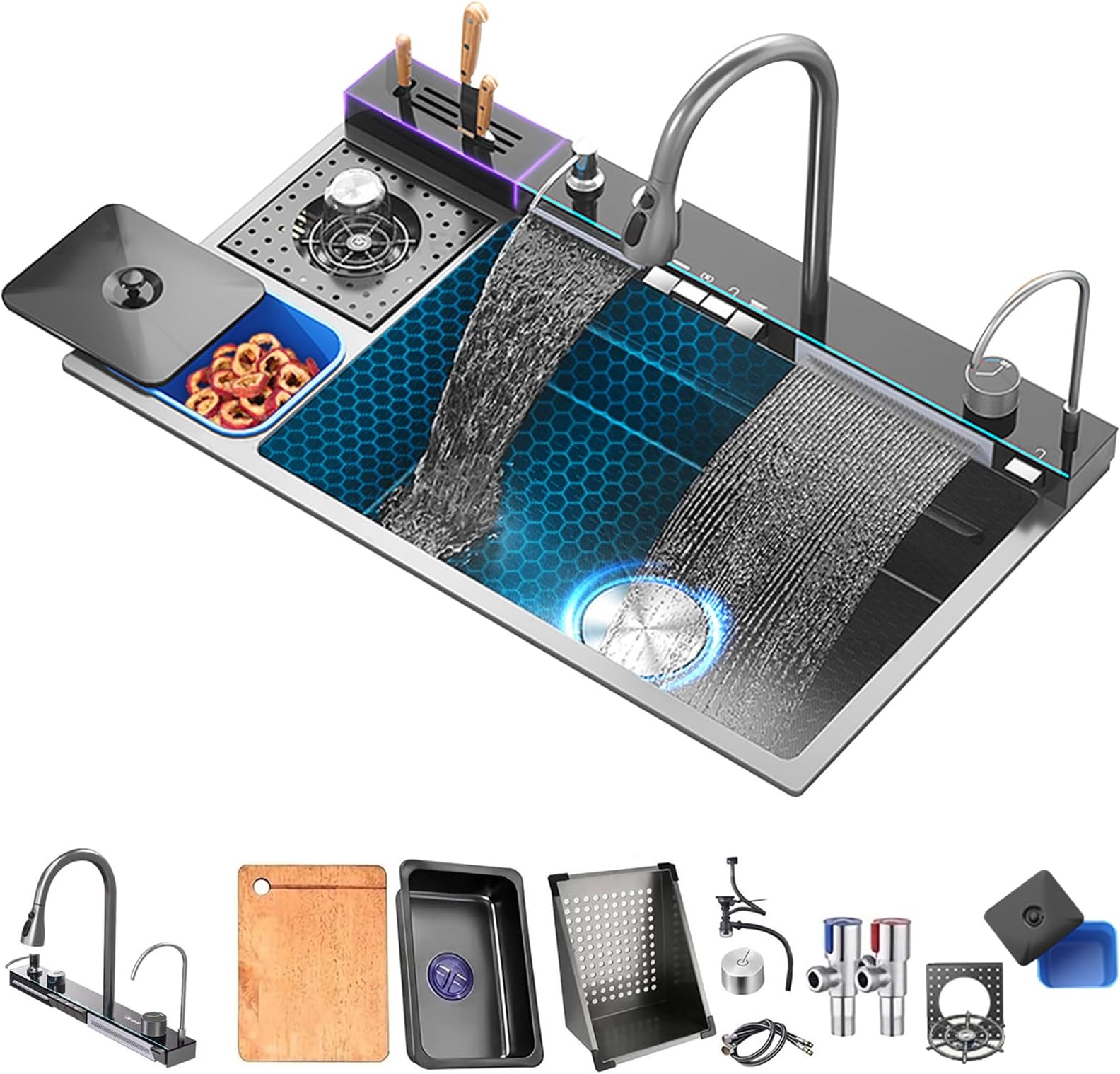 Kitchen Sink Set 304 Stainless Steel Nano Waterfall Sink with Two Waterfalls (82x48x21CM) - Honeycomb Embossing, Vegetable Basin