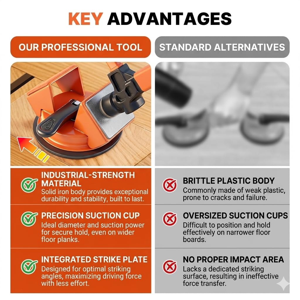 Heavy Duty Floor Gap Fixer Tool with Suction Cup, Iron Floor Gap Repair Tool for Laminate and Vinyl Plank (LVP) Flooring, 45 Degree Striking Surface Plank Grabber for Seam Repair