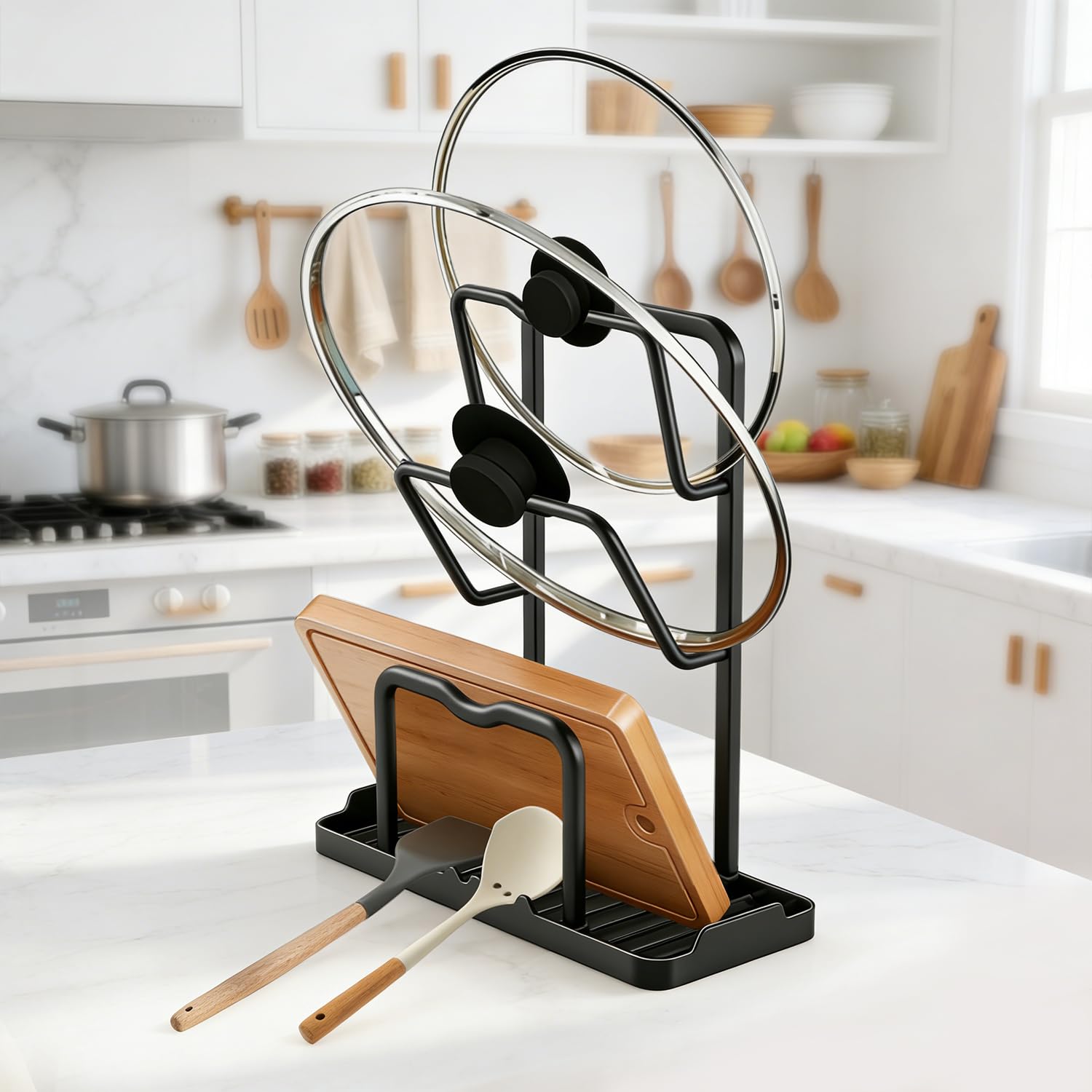 Topfdeckel Organizer Küchenregal mit Löffelablage: 2-in-1-Design Topfdeckelhalter Aufbewahrungsregal für Küchen-Topfdeckel & Pfannendeckel Deckelhalter für Arbeitsplatte, Kohlenstoffstahl, Schwarz Küche, Haushalt & Wohnen