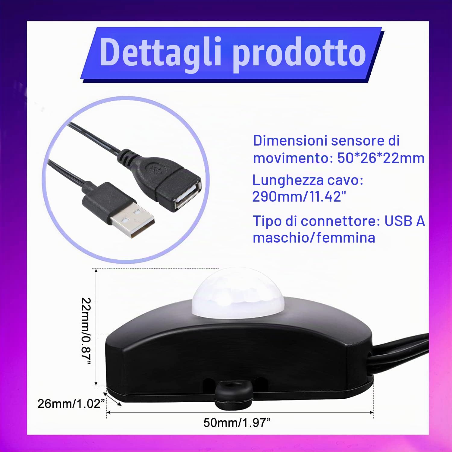 Greluma 1 interruttore mini PIR DC 5-24 V 2 A, sensore di movimento per illuminazione LED fai da te, rilevatore di movimento a infrarossi, interruttore automatico, striscia LED con connettore USB