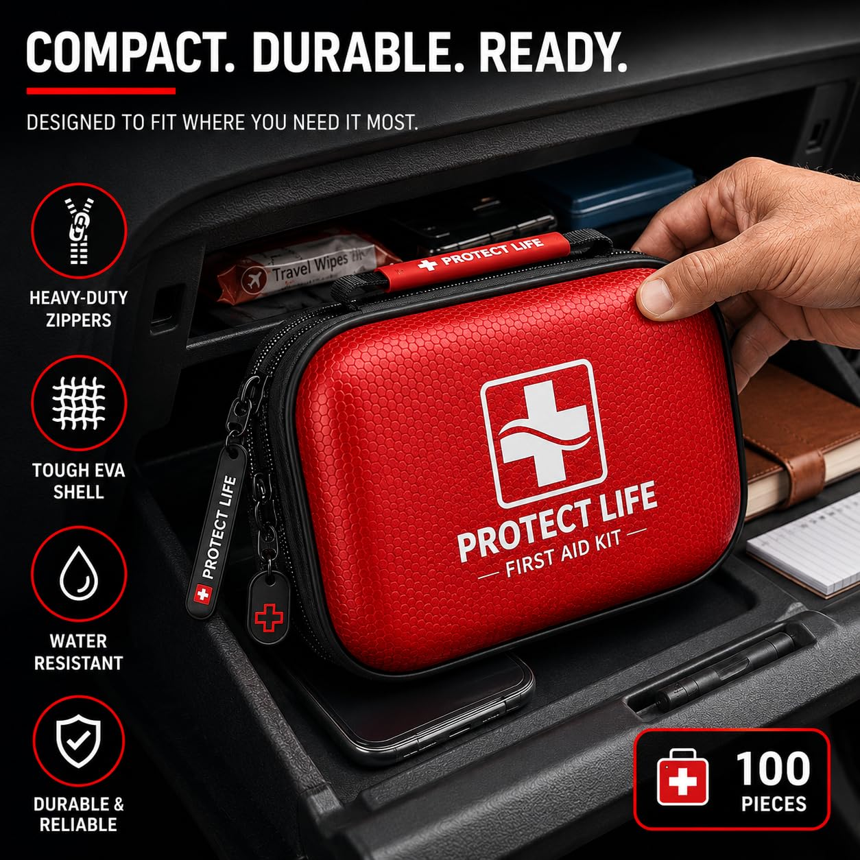 Protect Life Travel First Aid Kit for Car - Small Mini Emergency Kit, 100 Piece Waterproof First Aid Kit for Home, Camping, Boat & Hiking