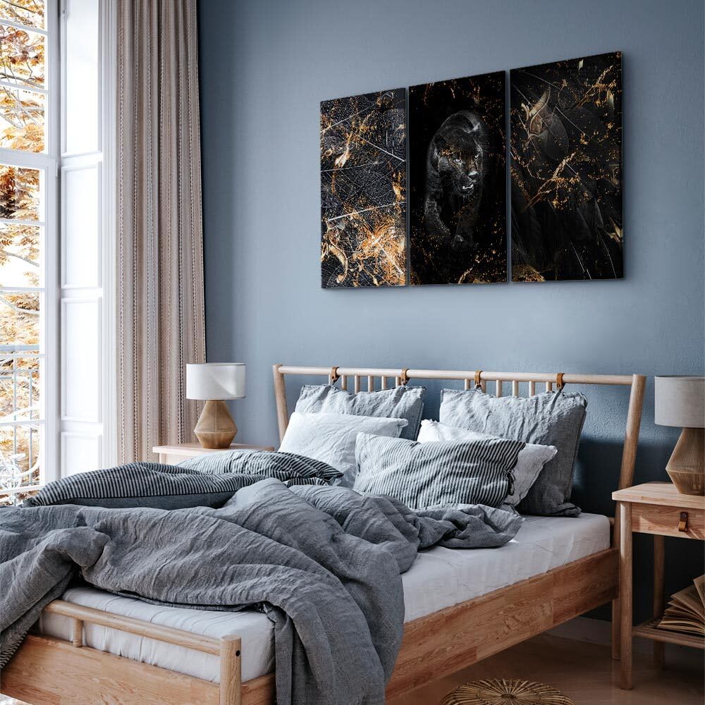 decomonkey Quadri Moderni Soggiorno Astrazione Nero, 3 pezzi, 120x80 cm | Tela strutturata su telaio in legno, decorazione per camera da letto e ufficio, animali, giaguaro, piante