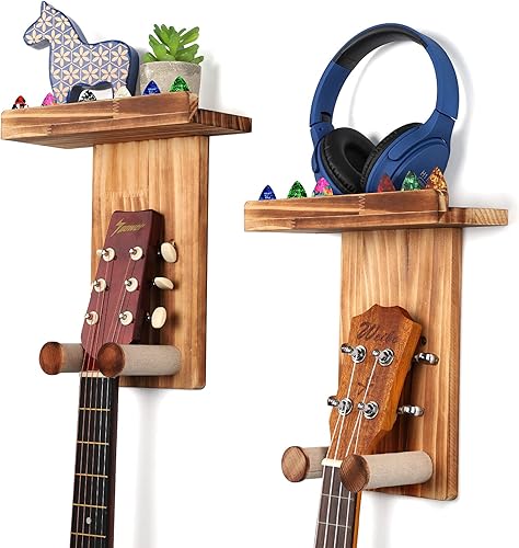 Miniatura 70 de Keebofly Soporte de pared para guitarra, paquete de 3, colgador de guitarra de madera rústica con soporte para púas para acústico, eléctrico, bajo