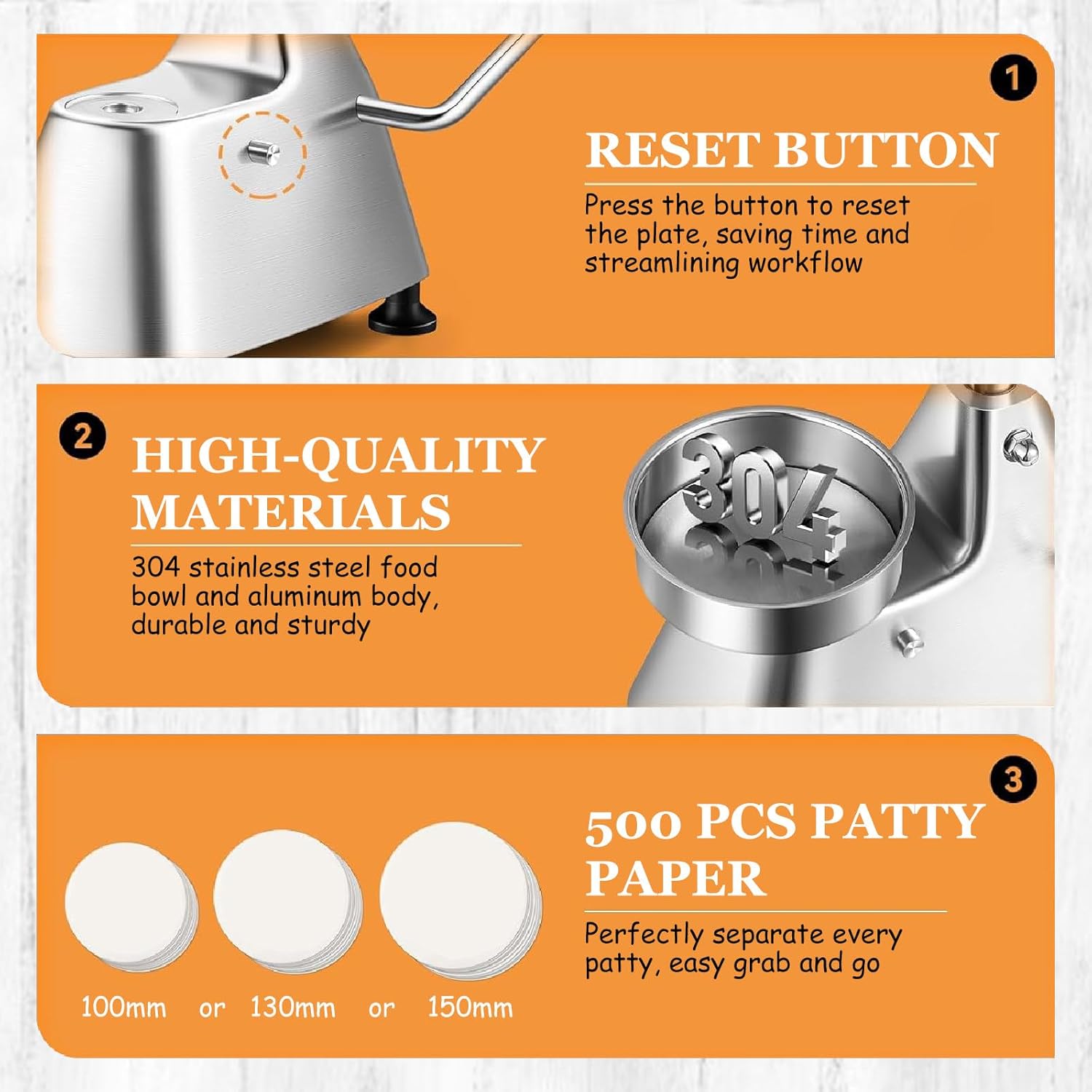 Adjustable Heavy Duty Burger Press, 130mm Hamburger Maker with 500 Patty Papers, Customizable Thickness for Perfect Patties, Ideal for BBQ and Grilling Enthusiasts