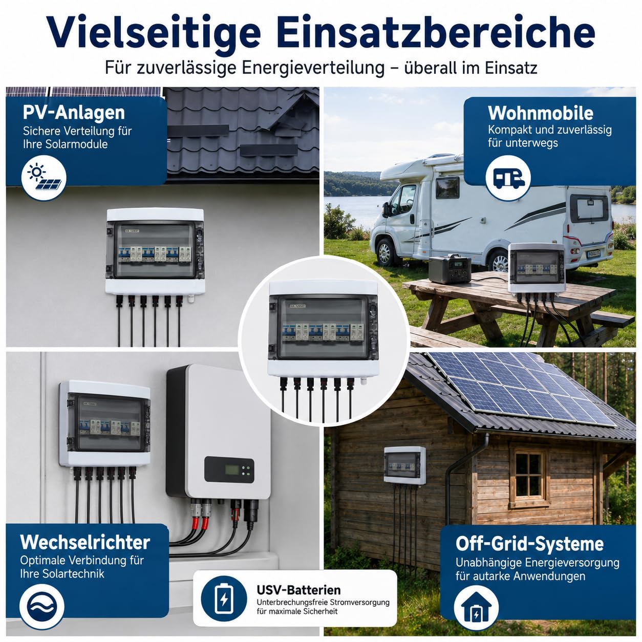 Solarmodule Combiner Box, 6-String (3 in 3 out) DC Solar Überspannungsschutz mit 1000V 40A Trennschalter, IP65 PV-Combiner-Box für Outdoor-Solarmodulen, Wohnmobilen