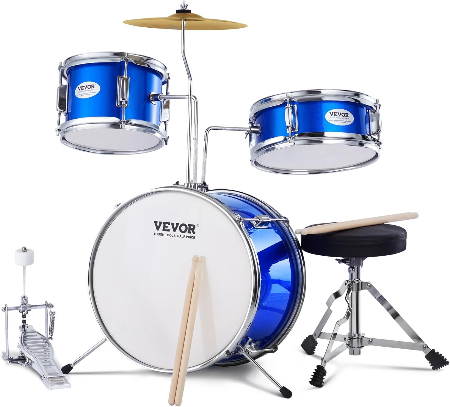 VEVOR Kids Drum Set, 3-Piece, 14 in Beginner Drum Set with Adjustable Throne Cymbal Pedal Two Pairs of Drumsticks, 8'' Tom 10'' Snare 14'' Bass Drum, Starter Drum Kit for Child Kids for Age 6-13, Blue