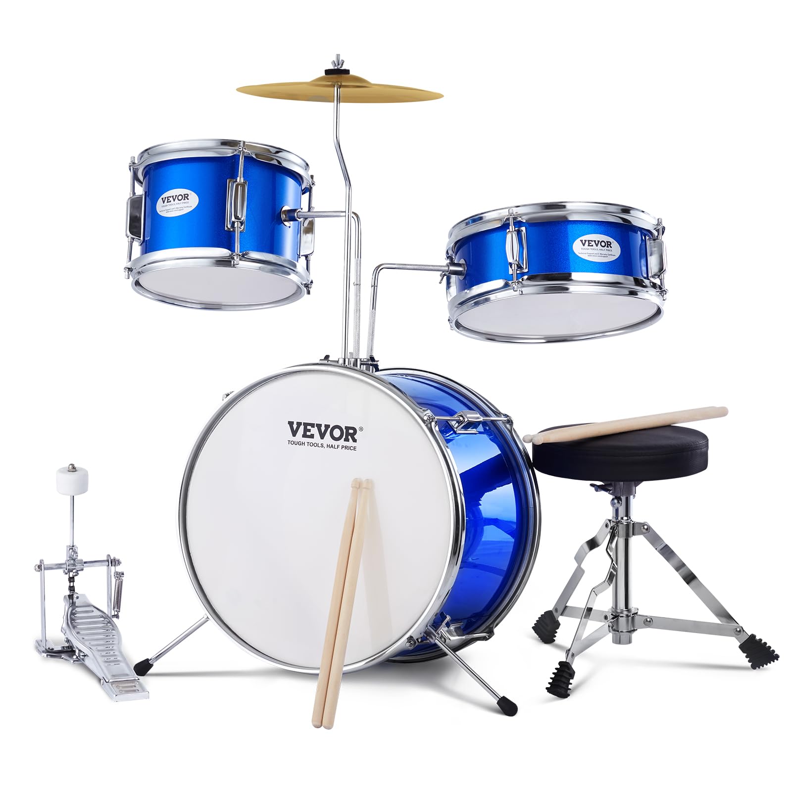 VEVOR Kids Drum Set, 3-Piece, 14 in Beginner Drum Set with Adjustable Throne Cymbal Pedal Two Pairs of Drumsticks, 8'' Tom 10'' Snare 14'' Bass Drum, Starter Drum Kit for Child Kids for Age 6-13, Blue