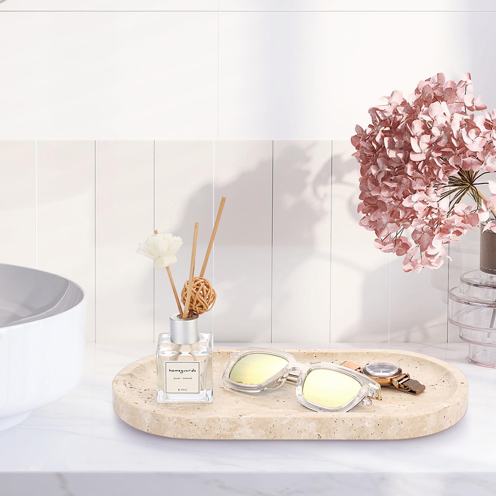 Vassoio Portagioie In Travertino Naturale - 15cm Rotondo Organizer Scrivania Piatto Decorativo Rotondo